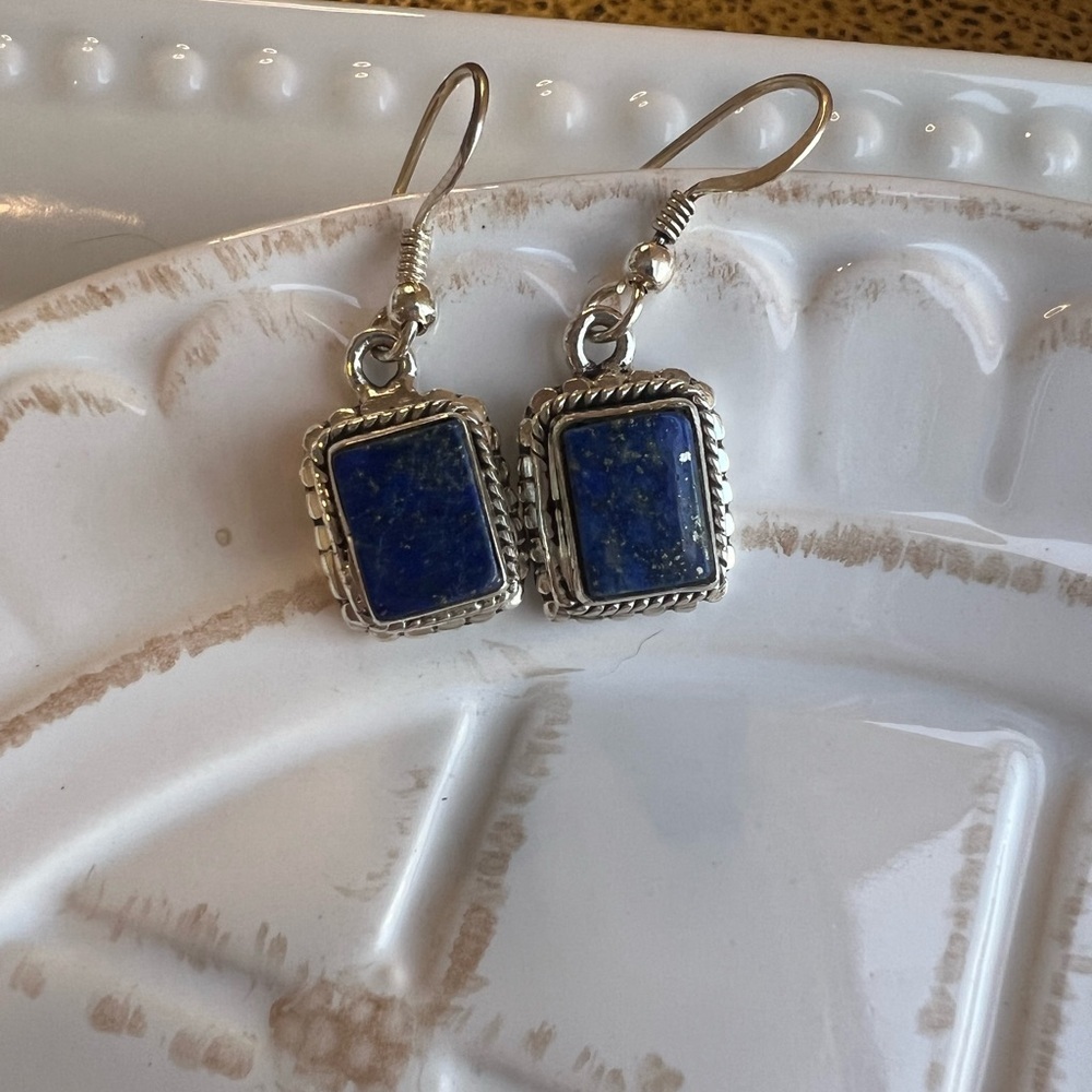 Lapis Lazuli Dangle Earrings Vintage Silver Tone